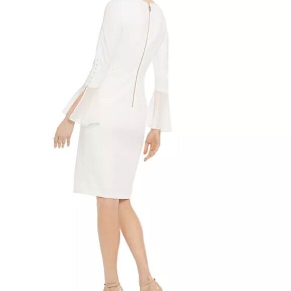 Calvin Klein Chiffon-Bell Sleeve with Pearls White Dress BEAUTIFUL Sz 6.5 Petite - Picture 5 of 9